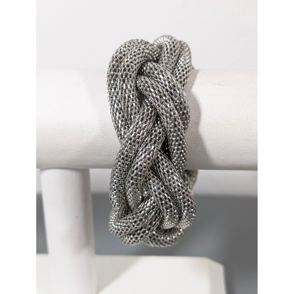 Silver Tone Braided Mesh Chain Stretch Bracelet 6.5" Statement